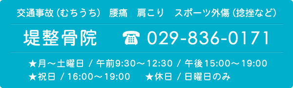 交通事故 (むちうち)、腰痛、肩こり、スポーツ外傷 (捻挫など) 堤整骨院は月~土曜日9:30-12:30 15:00-19:00まで施術しています。